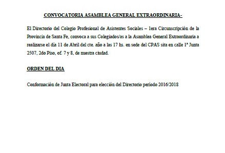 Convocatoria para la Asamblea Extraordinaria 2016