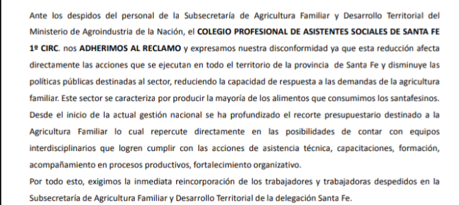 Adhesión a reclamo por despedidos en  la Subsecretaría de Agricultura Familiar